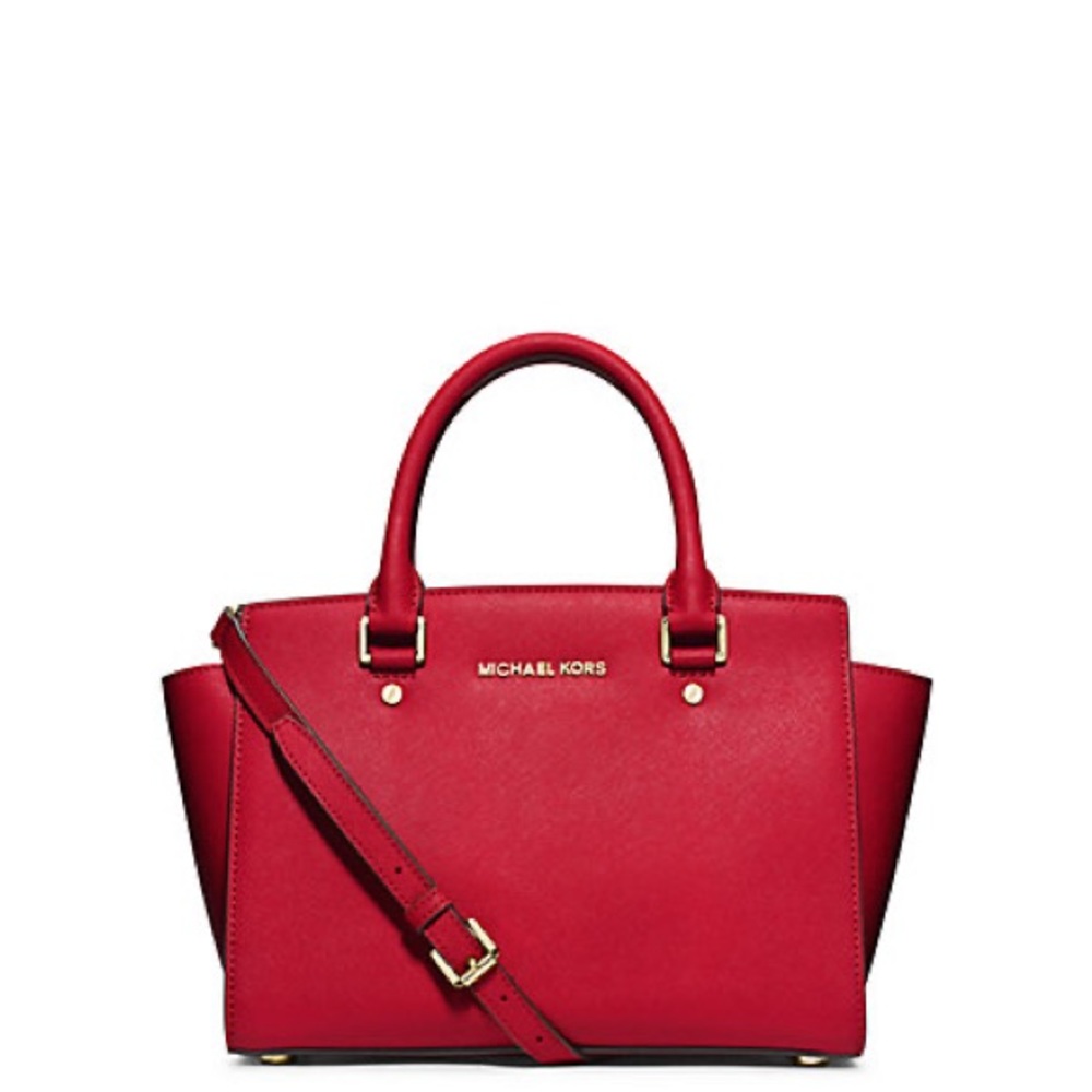 MICHAEL KORS SELMA LARGE MANDARIN RED SAFFIANO LEATHER SATCHEL BAG
